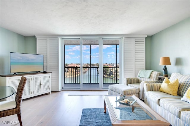 living area with floor to ceiling windows and wood finished floors