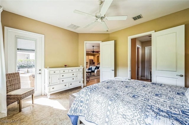 bedroom with light tile patterned floors, access to outside, and ceiling fan