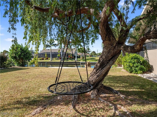 view of yard with a water view