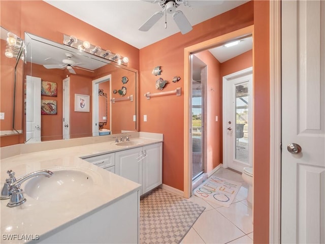 bathroom with ceiling fan, toilet, vanity, and tile patterned flooring