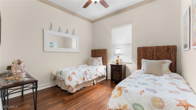 bedroom featuring multiple windows, ceiling fan, dark hardwood / wood-style floors, and ornamental molding