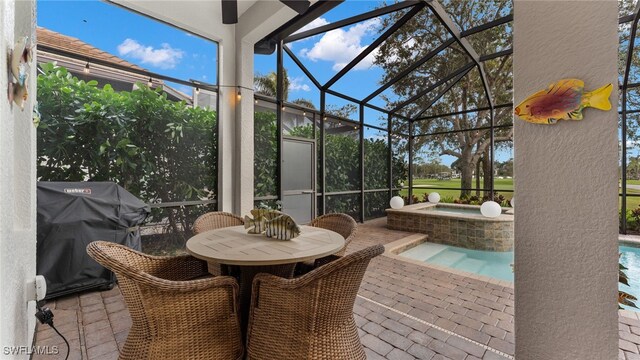 sunroom / solarium featuring a swimming pool