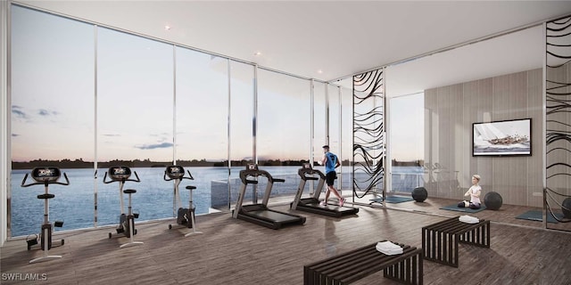 workout area with a water view, wood-type flooring, and a wall of windows