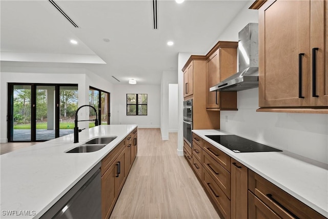 kitchen with sink, wall chimney exhaust hood, stainless steel appliances, and light hardwood / wood-style floors