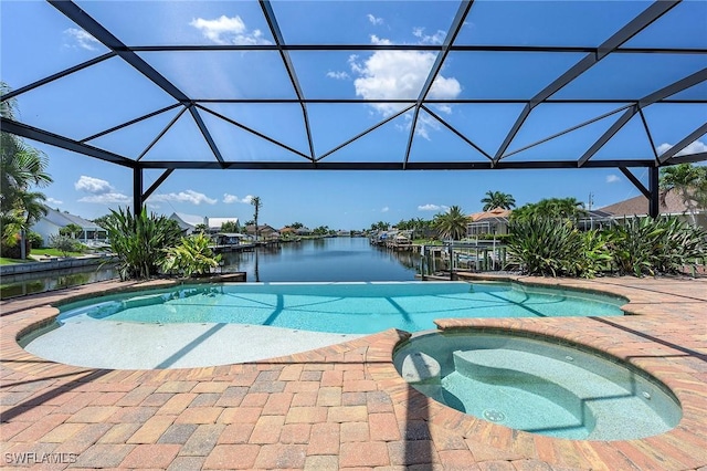 view of pool featuring an in ground hot tub, a boat dock, a water view, and glass enclosure