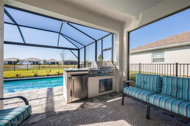 view of patio with an outdoor living space, glass enclosure, a fenced in pool, a grill, and area for grilling