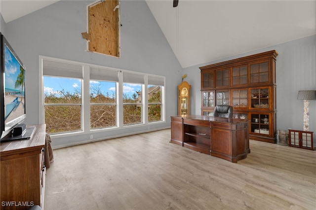 office featuring a healthy amount of sunlight, high vaulted ceiling, and light hardwood / wood-style flooring