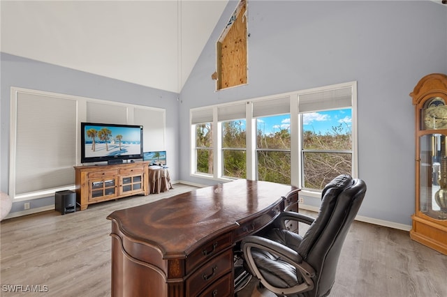 office space featuring high vaulted ceiling and light hardwood / wood-style floors