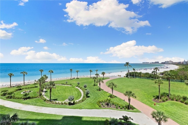 view of water feature with a beach view