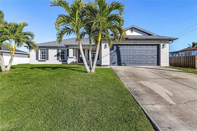 single story home with a front lawn and a garage