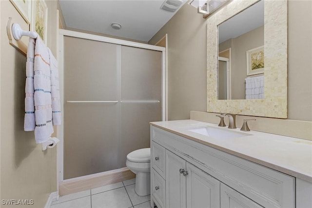 bathroom with toilet, vanity, tile patterned floors, and a shower with door