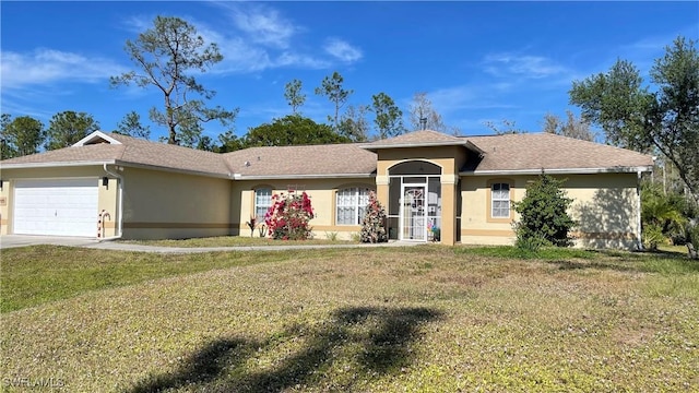 single story home with a garage and a front lawn