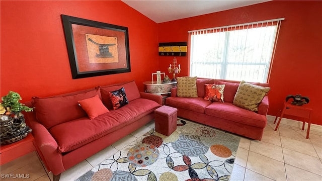 living room featuring light tile patterned flooring and lofted ceiling