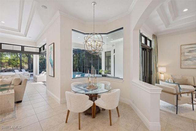 dining space featuring a notable chandelier, ornamental molding, and light tile patterned flooring