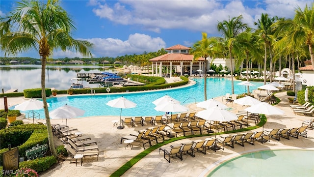 view of pool featuring a water view