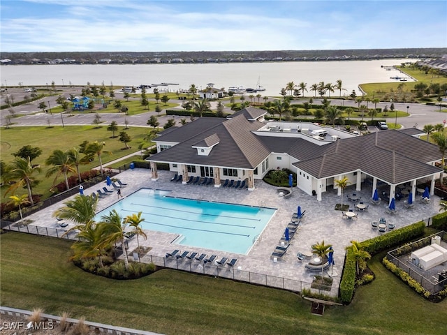 aerial view featuring a water view