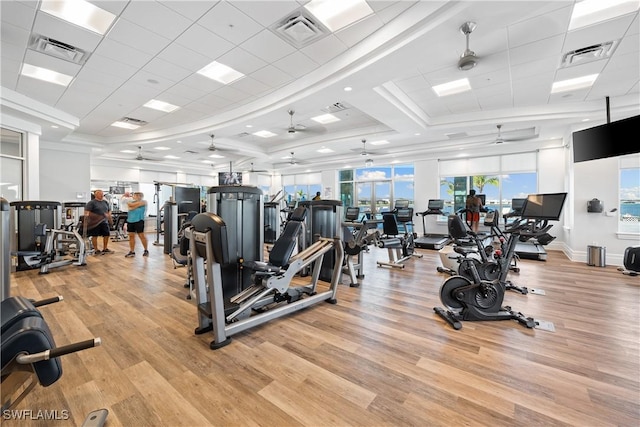 workout area featuring a paneled ceiling, ceiling fan, and light wood-type flooring