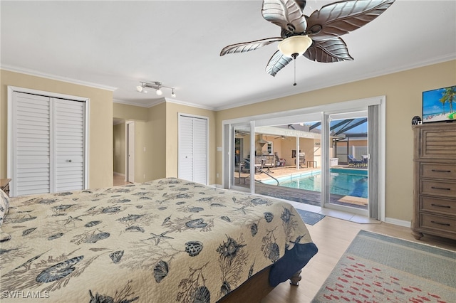 bedroom featuring access to exterior, ceiling fan, crown molding, and light hardwood / wood-style floors