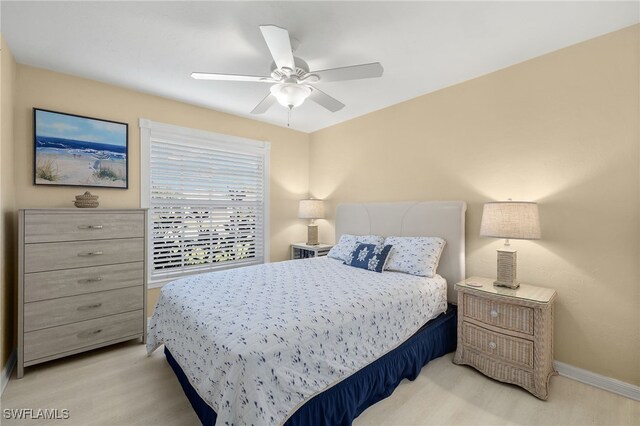 bedroom featuring ceiling fan and light hardwood / wood-style floors