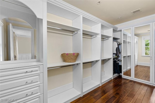 walk in closet with dark wood-type flooring