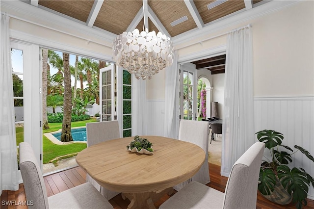 dining room featuring beamed ceiling, wooden ceiling, a notable chandelier, and wood-type flooring