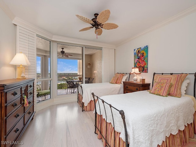 bedroom with ceiling fan, light wood-type flooring, ornamental molding, and access to outside