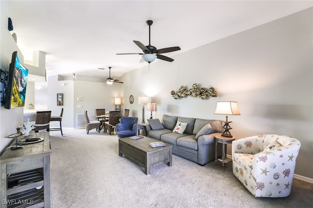 living room with light carpet, ceiling fan, and lofted ceiling