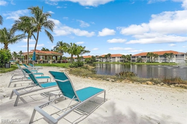 exterior space with a water view