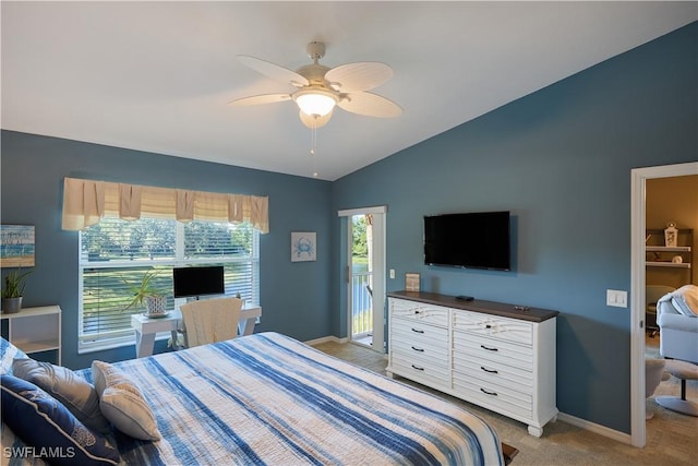 bedroom with light carpet, access to exterior, ensuite bath, vaulted ceiling, and ceiling fan