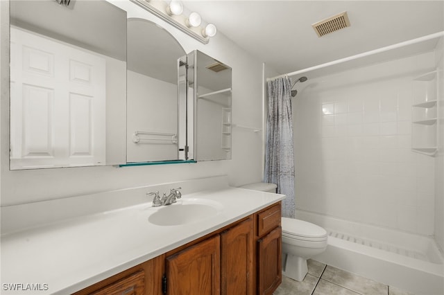 bathroom featuring tile patterned flooring, vanity, toilet, and a shower with curtain