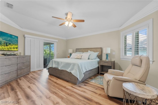 bedroom featuring light wood-type flooring, access to outside, ceiling fan, and ornamental molding