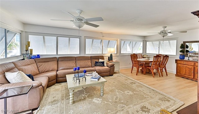 living room with light hardwood / wood-style floors, plenty of natural light, and ceiling fan