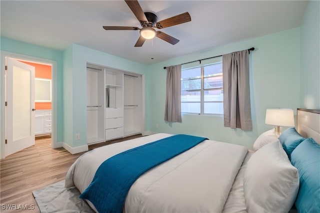 bedroom featuring a closet, ceiling fan, and light hardwood / wood-style flooring