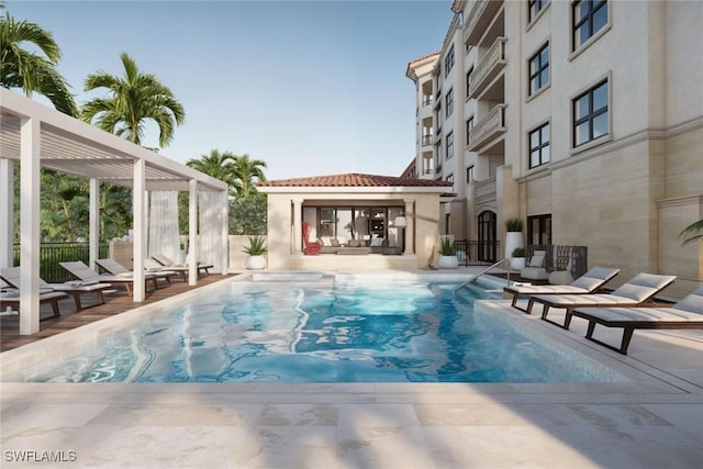 view of swimming pool with a pergola, a patio, and an outdoor structure