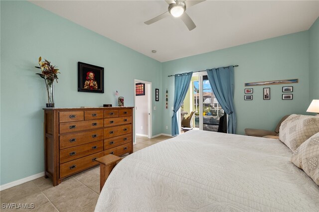 bedroom featuring access to exterior, light tile patterned floors, and ceiling fan