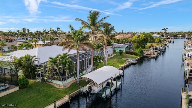 bird's eye view with a water view