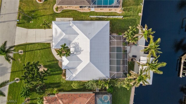 drone / aerial view featuring a water view