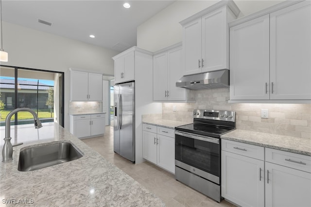 kitchen with backsplash, white cabinetry, sink, and stainless steel appliances