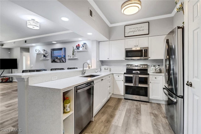 kitchen featuring white cabinets, sink, light wood-type flooring, kitchen peninsula, and stainless steel appliances