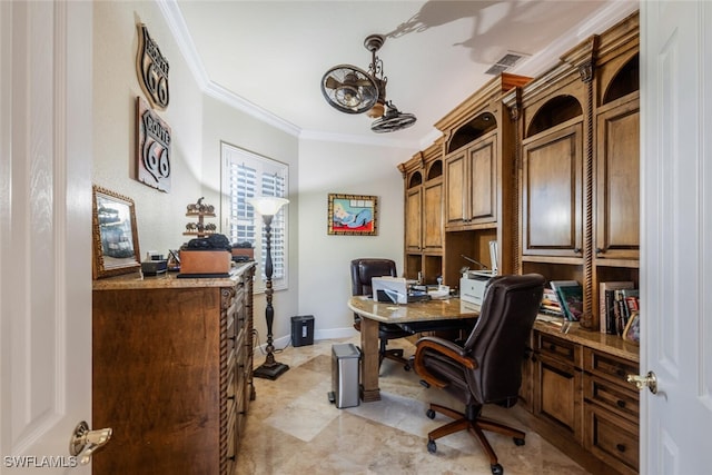 office area featuring crown molding