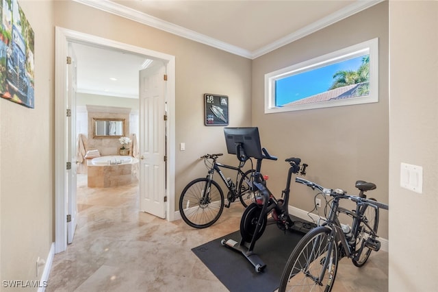 workout area featuring ornamental molding