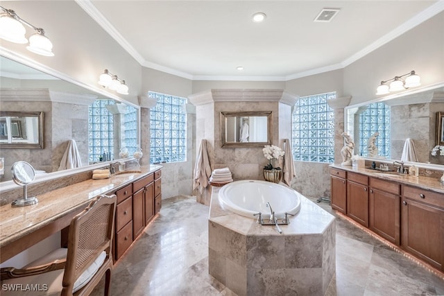 bathroom featuring tiled bath, tile walls, and ornamental molding