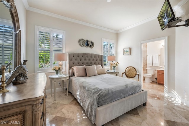 bedroom with ensuite bath and ornamental molding