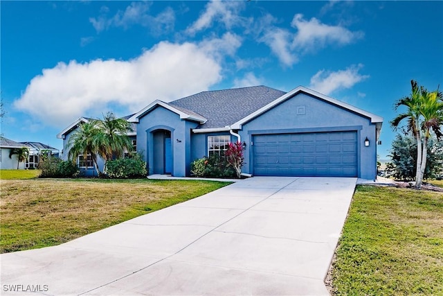 ranch-style house featuring a garage and a front lawn