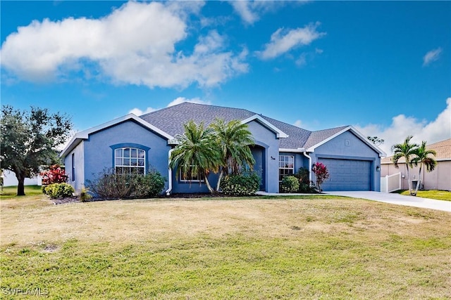 single story home featuring a front yard and a garage