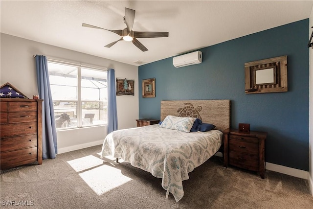 carpeted bedroom featuring an AC wall unit and ceiling fan