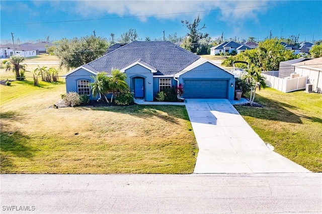 ranch-style house with a garage, a front lawn, and cooling unit