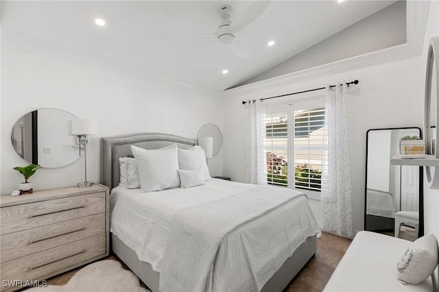 bedroom featuring ceiling fan and lofted ceiling