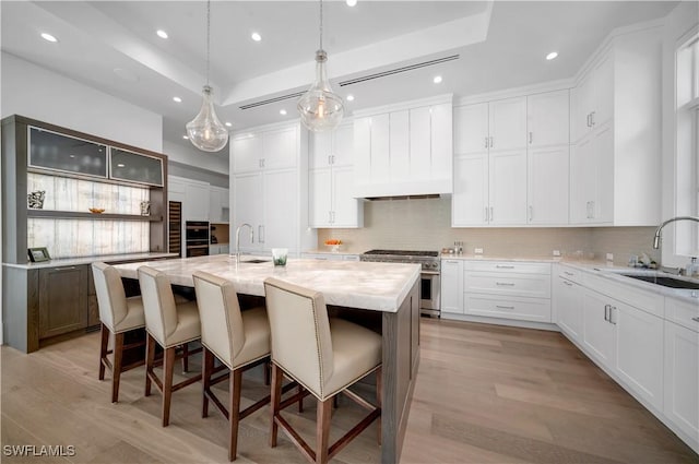 kitchen with white cabinets, an island with sink, light stone countertops, stainless steel stove, and a sink