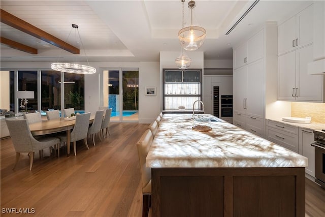 kitchen with an island with sink, a sink, a tray ceiling, wood finished floors, and white cabinets